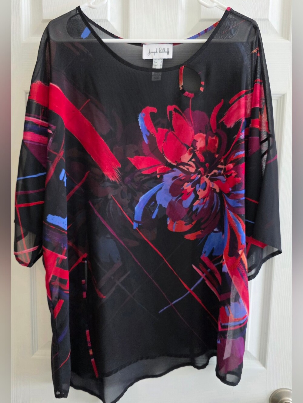 Joseph Ribkoff 14 Sheer Top Floral Black Red Short Sleeve Career